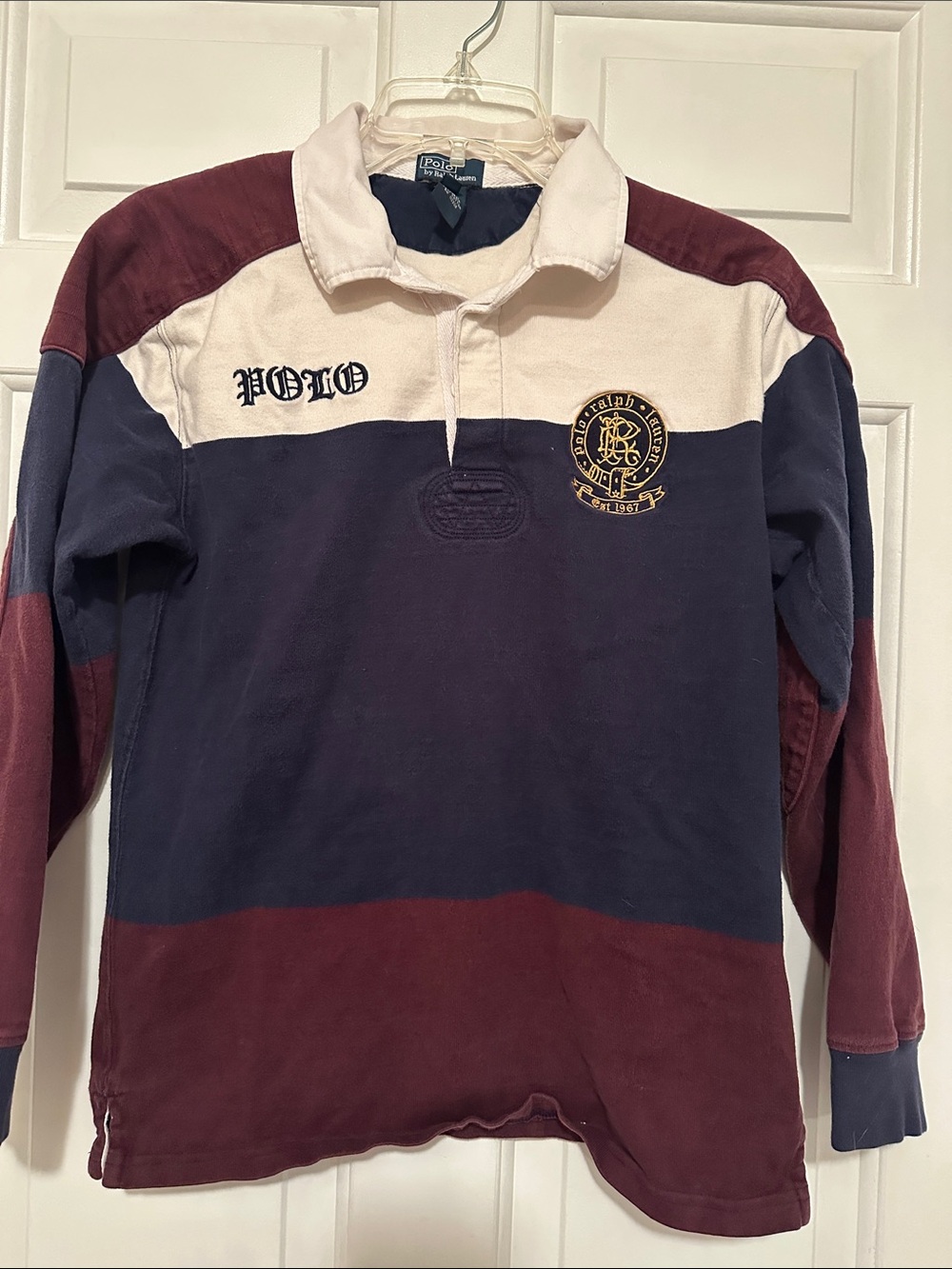 EUC Polo by Ralph Lauren Boys' large color block Rugby Shirt Navy, Maroon, Cream